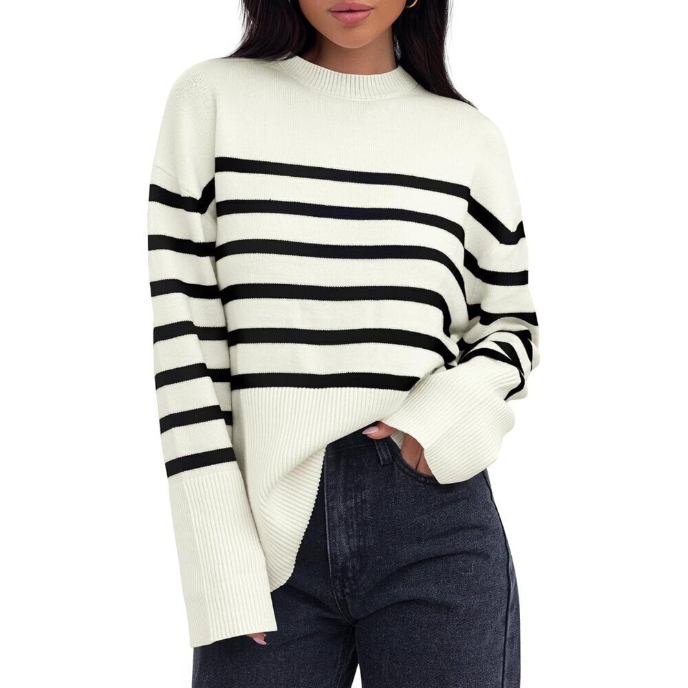 Women's Oversized Ribbed Knit Sweater Long Sleeve Crew Neck Slit Top